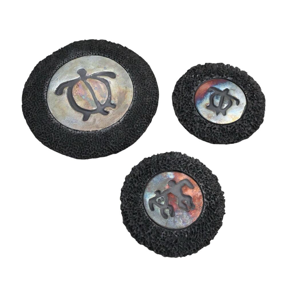 Vintage Ben Diller Maui Hawaii Turtle Raku Lava Rock Coasters Trivet Set Signed